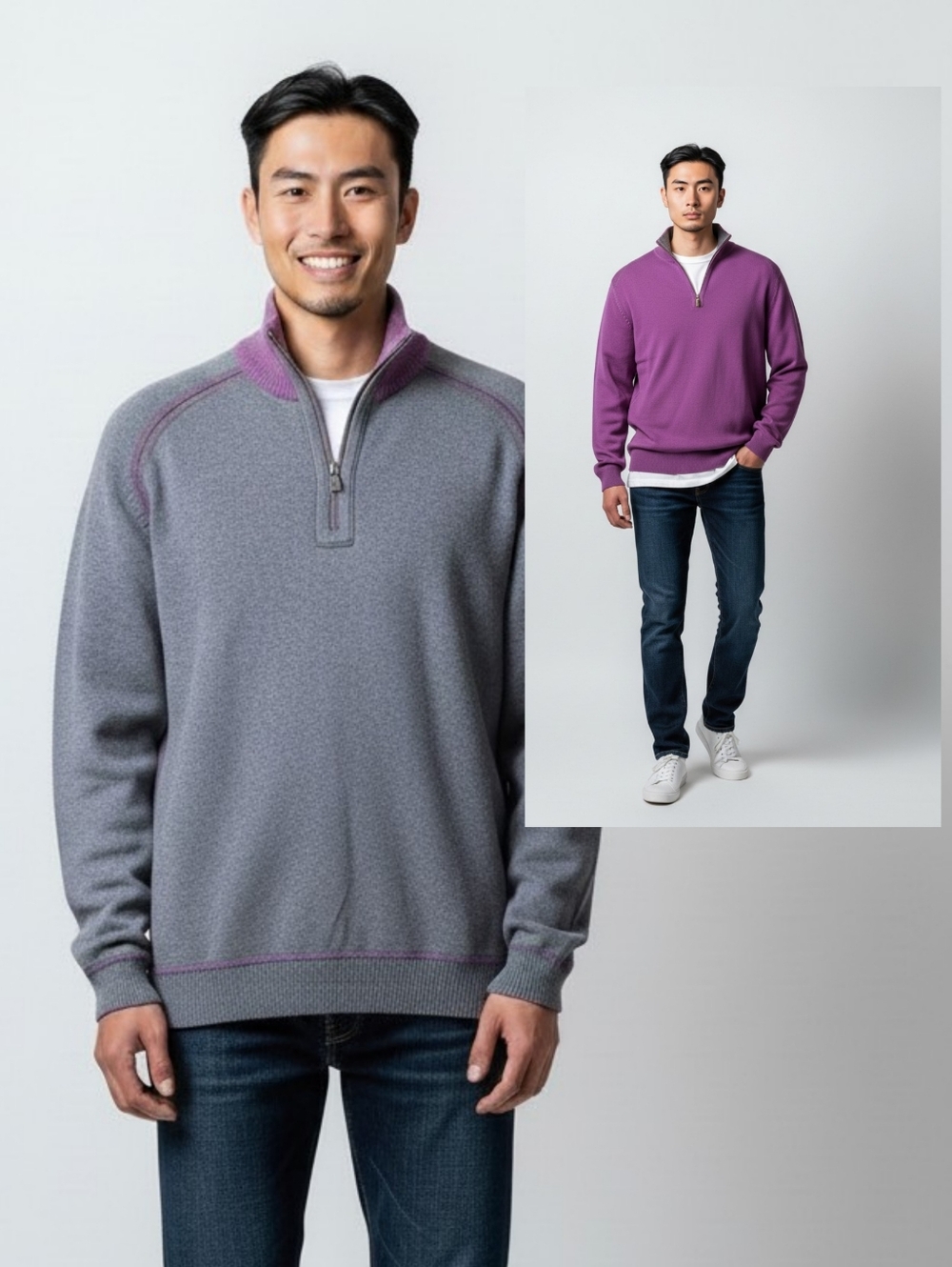 Tommy Bahama Half-Zip Reversible Pull-over in Purple & Blue Heather Gray L